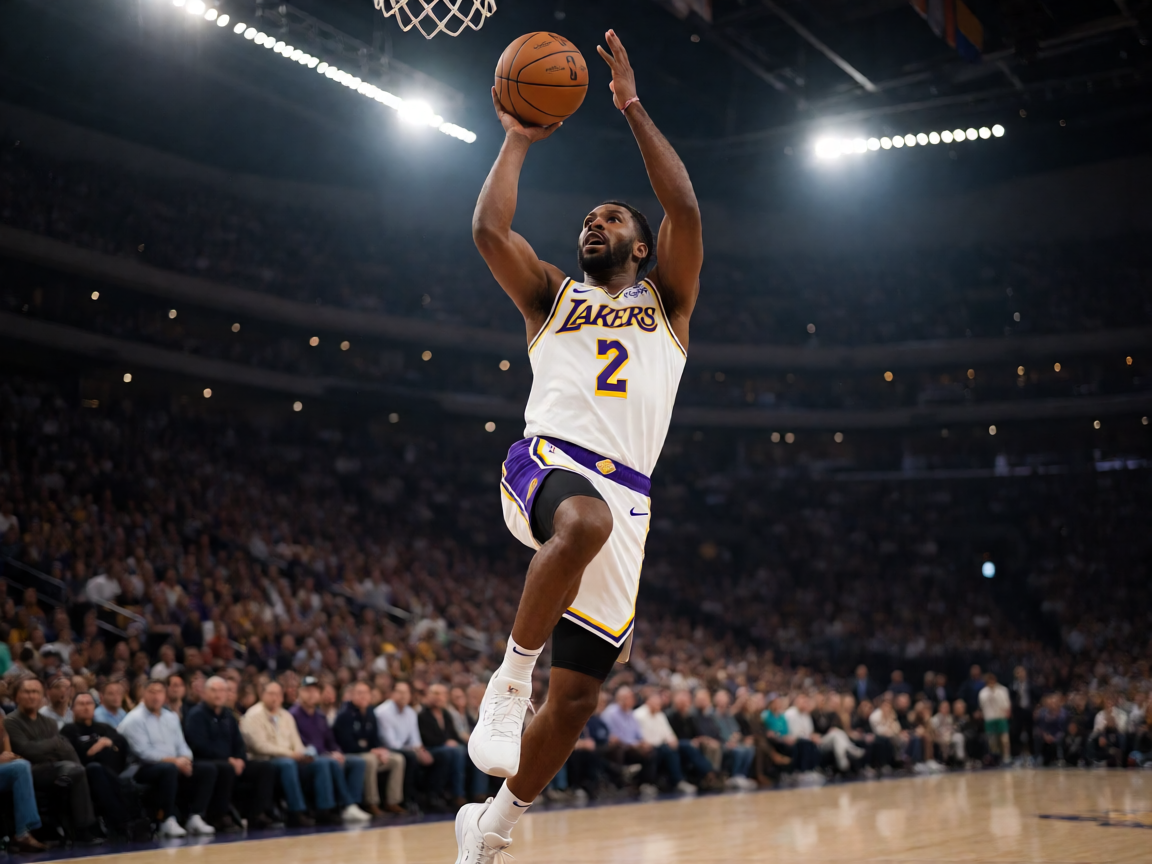 NBA常规赛湖人队主场作战，球员在场上突破上篮的瞬间